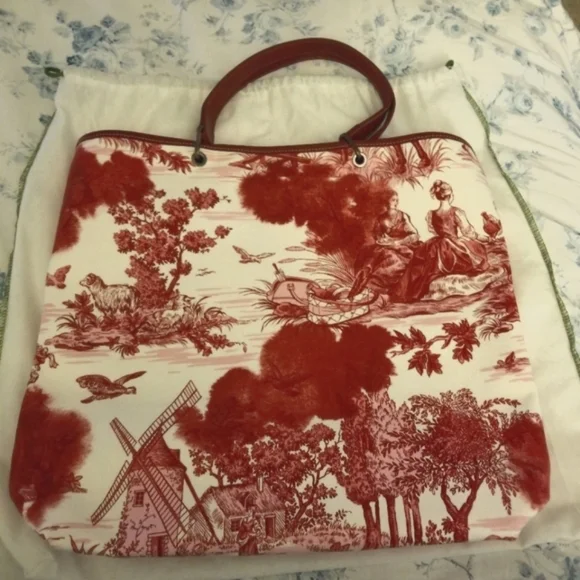 Longchamp Red & White Canvas Toile de Jouy Tote Bag - Picture 3 of 15